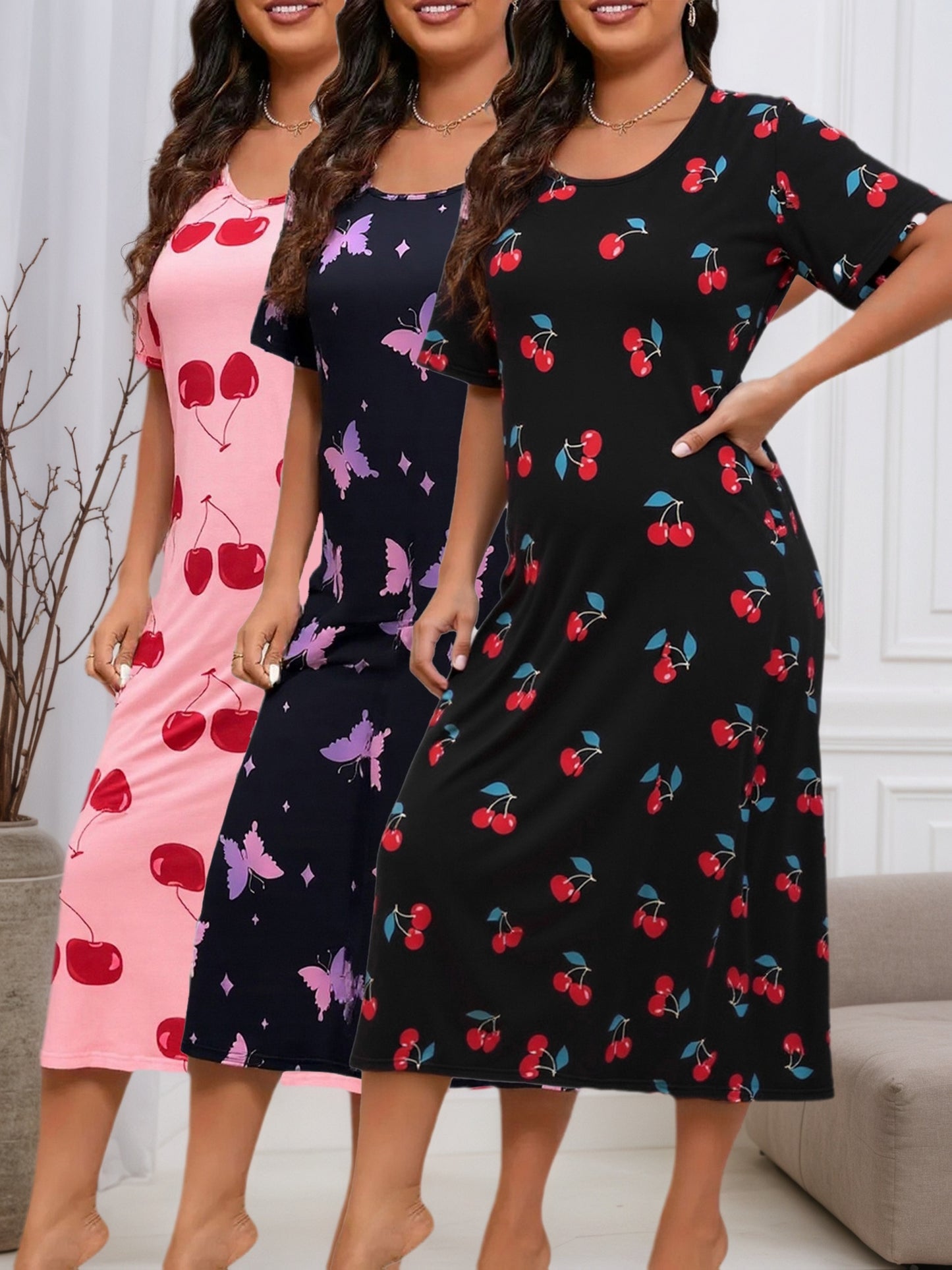 Plus Size Women's 3pcs Short Sleeve Dress, Casual Loose Round Neck Fabric, Color-block Design, Slightly Elastic, Spring Summer Autumn Nightgown Hole, Maternity Dress.
