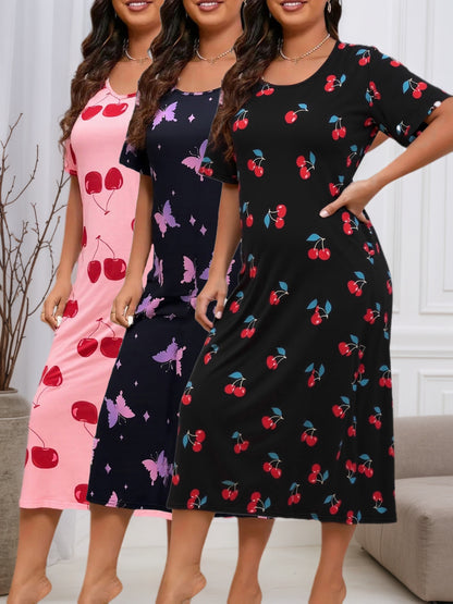 Plus Size Women's 3pcs Short Sleeve Dress, Casual Loose Round Neck Fabric, Color-block Design, Slightly Elastic, Spring Summer Autumn Nightgown Hole, Maternity Dress.