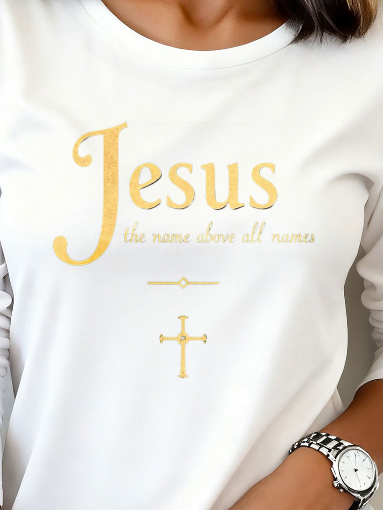Woman T shirts 1pc Jesus The Name Above All Names Washable Comfortable Durable Easy Wear Casual Holiday Party Outfit Fashion 200g Heavyweight Long Sleeve T Shirt (100% Polyester)