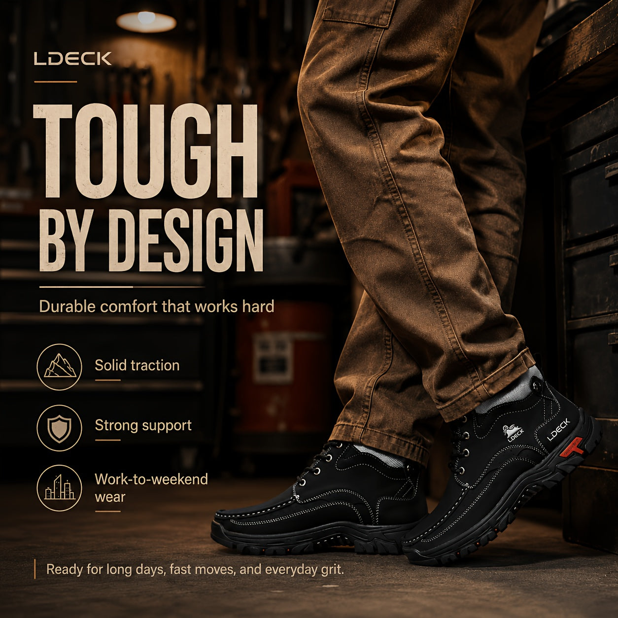 LDECK Men'S Fashion Sneakers Chukka Boots | Breathable, Non-slip, Mid-top Genuine Leather with Fabric Inner, Rubber Sole, Round Toe, Lace Closure | Perfect for Casual, Daily, Work, Office, All-season