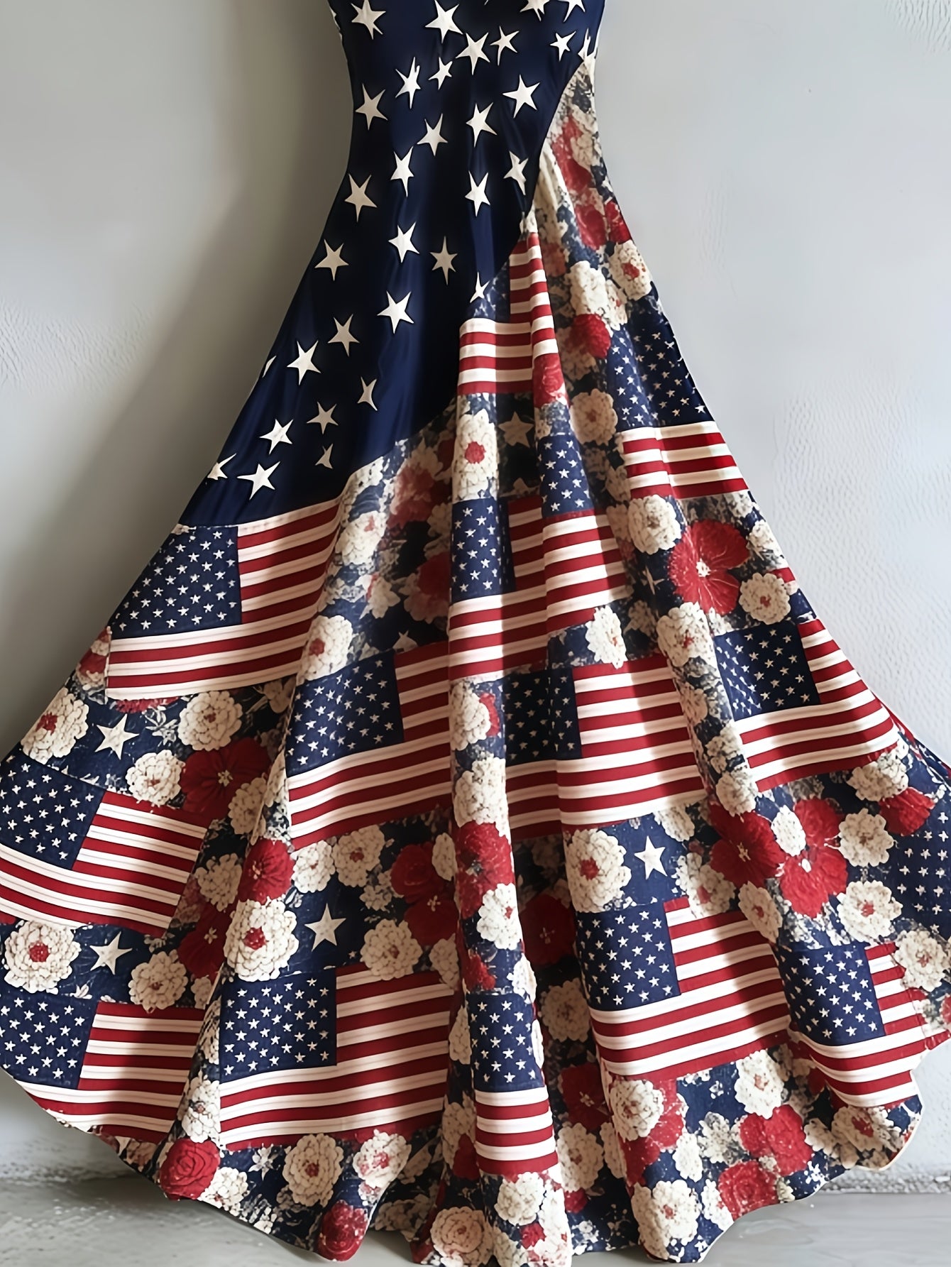 Women's Patriotic Maxi Dress - A-Line Silhouette, Suitable for Vacation, Leisure & Beach Outings, Loose Fit, National Flag Pattern, Sleeveless, V-Neck, Red National Flag Design with Built-In Cups