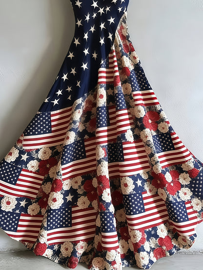 Women's Patriotic Maxi Dress - A-Line Silhouette, Suitable for Vacation, Leisure & Beach Outings, Loose Fit, National Flag Pattern, Sleeveless, V-Neck, Red National Flag Design with Built-In Cups