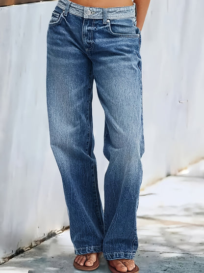 HME Women'S Vintage Relaxed Jeans, Designed with a Fit And Five-Pocket Style. Crafted from Durable Washed Denim, Highlighting a Waistband Patchwork Feature. The Material Is Flexible, Cozy, And Airy