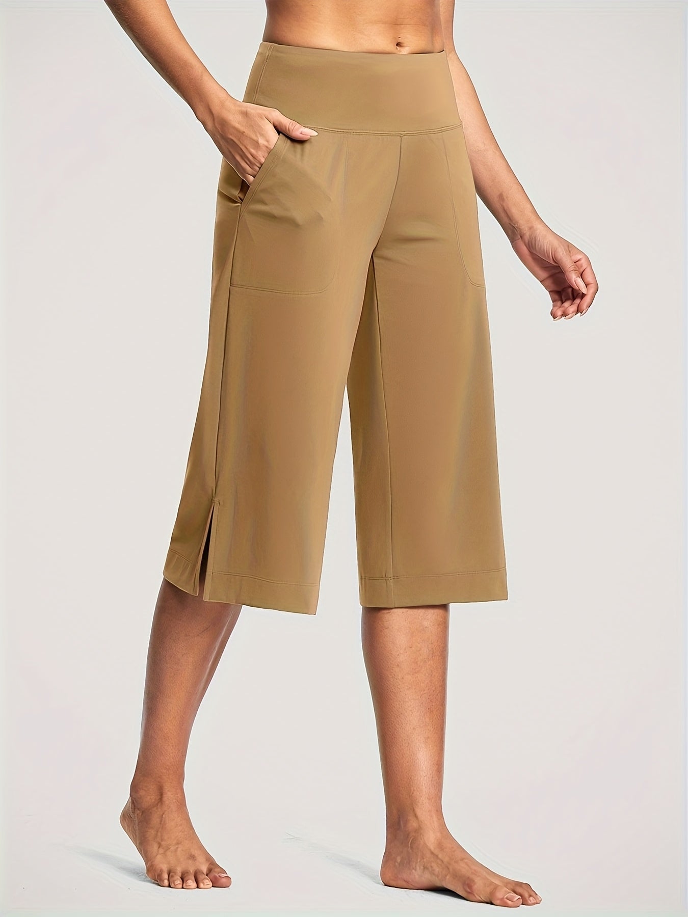 18'' Women's High-Waisted Wide Leg Yoga Capri Pants with Elastic Waist - Loose Comfortable Stretchable Soft Pants Suitable for Yoga, Workout, Casual & for Business Occasions - Spring Summer Fall Wearable with Practical Pockets (No Needed)