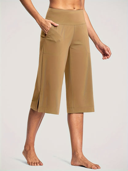 18'' Women's High-Waisted Wide Leg Yoga Capri Pants with Elastic Waist - Loose Comfortable Stretchable Soft Pants Suitable for Yoga, Workout, Casual & for Business Occasions - Spring Summer Fall Wearable with Practical Pockets (No Needed)