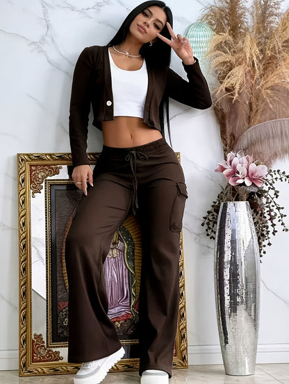 2pcs Set for Women, Trendy Green Cardigan And Camouflage Cargo Pants, Seasonal Fashion Set, V-Neck Button-Up Top, Belt-Waist, Elegant And Casual 21St-Century Style Spring And Winter Clothing, Vacation, New Year, Valentine'S Day Women'S Set