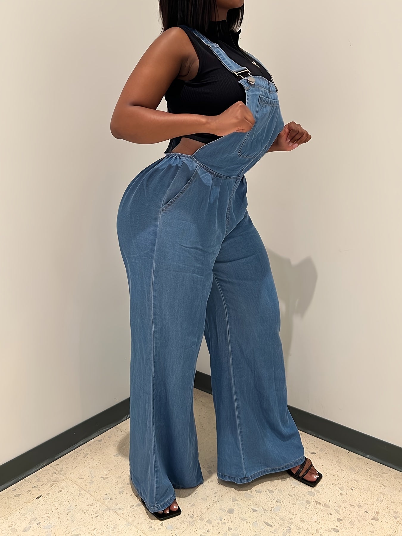 Women's Denim Overalls - Loose-Fit Sleeveless Casual Style With Side Pockets, Wide-Leg Jumpsuit Dungarees