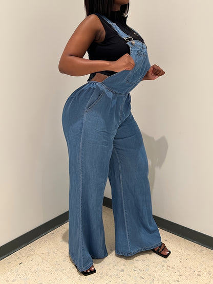 Women's Denim Overalls - Loose-Fit Sleeveless Casual Style With Side Pockets, Wide-Leg Jumpsuit Dungarees