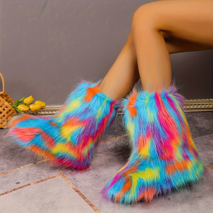 [Fuzzy Ankle Boots] Women's Rainbow Fuzzy Ankle Boots - European And American Fashion Women's New Winter Outdoor Warm Footwear, Foot Protection in Cold Weather, Furry Boots for Women, Local Warehouse Items for Women, Women Shoes