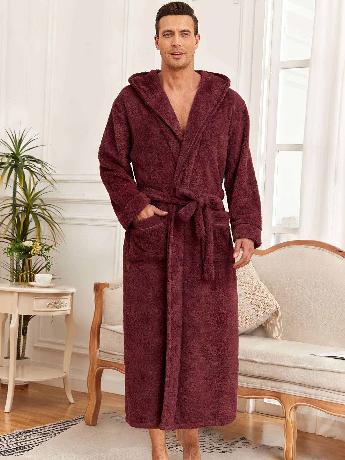 Men'S Thickened Flannel Hooded Bathrobe - Soft Plush Long Sleeve Robe with Pockets, Warm & Breathable Winterrobe for Home, Spa