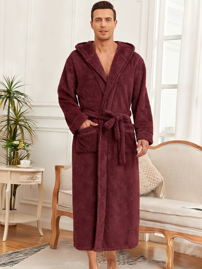 Men'S Thickened Flannel Hooded Bathrobe - Soft Plush Long Sleeve Robe with Pockets, Warm & Breathable Winterrobe for Home, Spa