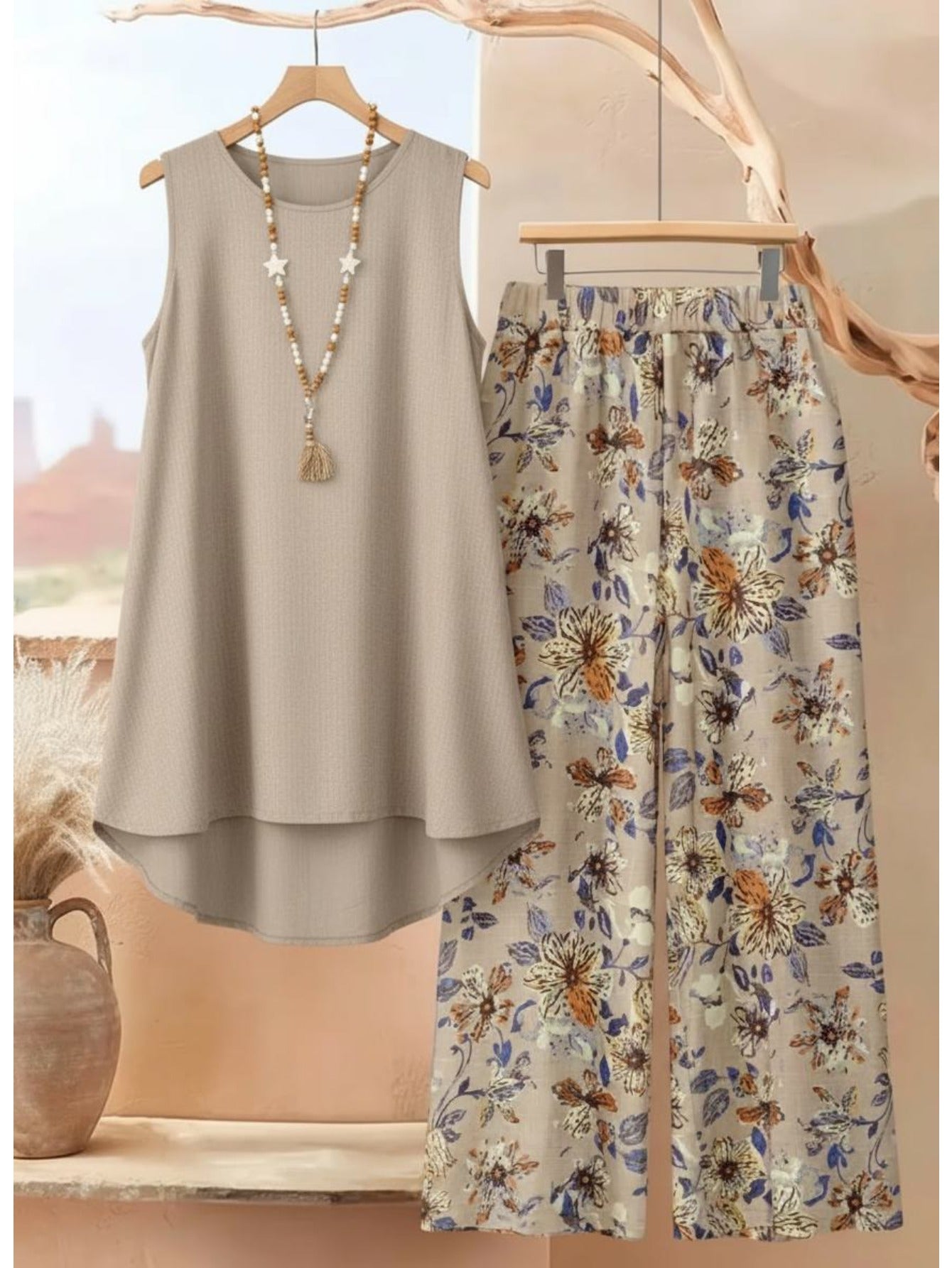 Khaki Loose Sleeveless Top + Floral Print Wide-Leg Pants Women'S Two-Piece Set | Fresh and Relaxed Casual Style Perfect for Spring/Summer Homewear & Light Vacation Outfits