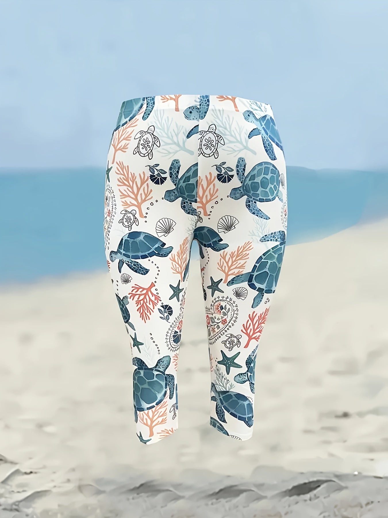 Plus Size, Women's Plus Size Turtle Print Capri Pants - High-Waisted, Stretchy Polyester, Vibrant Ocean Life Design, Elegant & Comfortable for Beach or Casual Attir