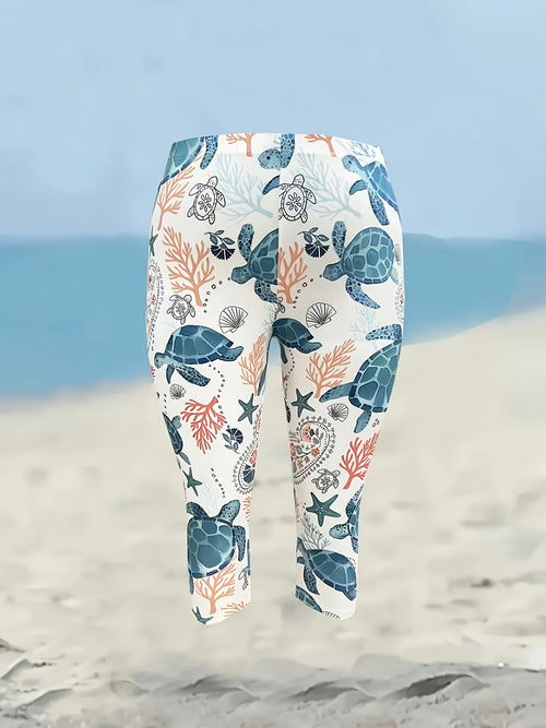 Plus Size, Women's Plus Size Turtle Print Capri Pants - High-Waisted, Stretchy Polyester, Vibrant Ocean Life Design, Elegant & Comfortable for Beach or Casual Attir
