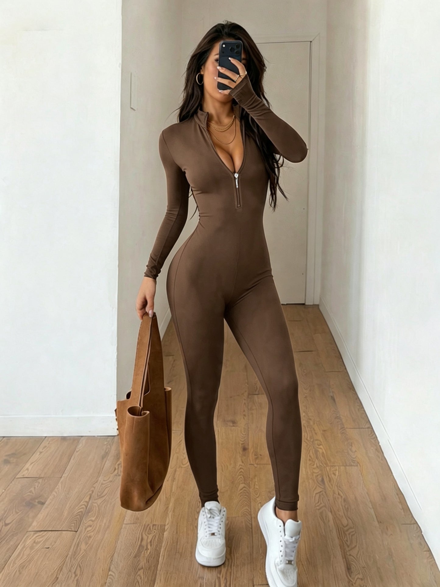 Women'S Solid Color Long Sleeve Skinny Jumpsuit, Front Half Zipper Design, Comfortable And Slim-fitting Jumpsuit, Casual And Versatile, Suitable For Cycling, Running, Yoga, Tennis And Other Training.