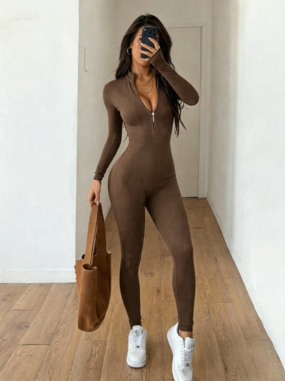 Women'S Solid Color Long Sleeve Skinny Jumpsuit, Front Half Zipper Design, Comfortable And Slim-fitting Jumpsuit, Casual And Versatile, Suitable For Cycling, Running, Yoga, Tennis And Other Training.