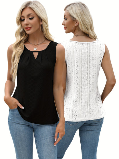 Women's Two-Piece Summer Tank Top Set - Sleeveless Eyelet Embroidery, Loose Fit, Business Casual Tops for Work & Everyday Wear[Women's Two-Piece Summer Tank