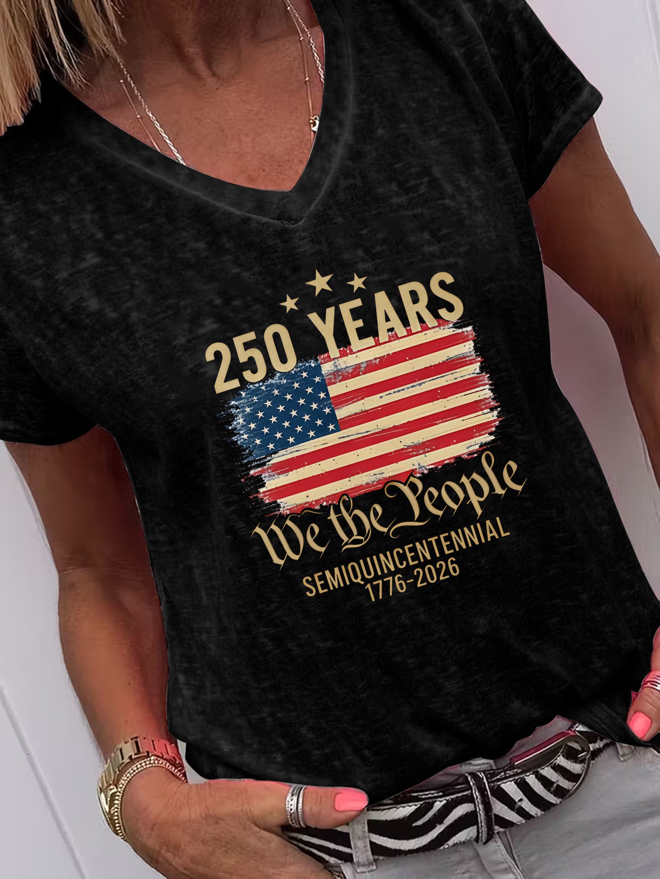 Casual American Flag Print TShirt, Perfect for Home, Outings, or as a Gift, Ideal for New Year, Valentine's Day, and More, 250 Years We the People 17762026