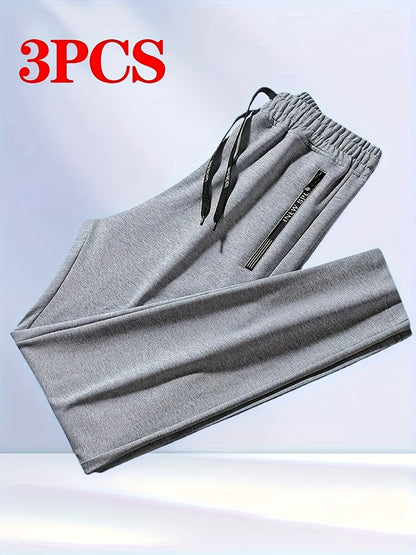 Men's 3pcs Set Solid Color Loose Casual Sport Pants - Letter-printed Zipper Pockets, Elastic Drawstring Waist, All-season Fitness And Daily Jogging Pants, Machine-washable Black/navy Blue/gray - Mens Sweatpants for Summer 3pcs with Pockets