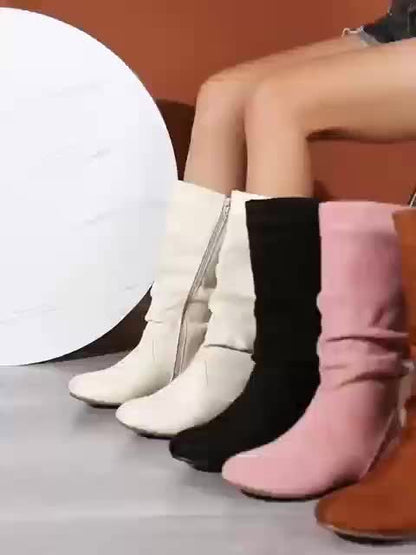 Women's Autumn And Winter Cowboy Boots - Flat-heeled Round-toe Mid-calf Boots, 2025 New Style Non-slip Slim Side-zip Pleated Layered Western Women's Boots, Women's Shoes In Local Warehouse, Boots for Women, Women Shoes