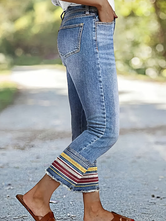 Women'S Plus Size Stone Washed Denim Pants, Ethnic Style Embroidered Skinny Straight Leg Pants