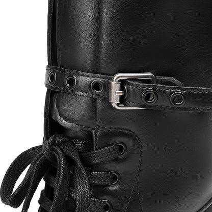 DREAM PAIRS Women's Knee High Boots Combat Boots Goth Boot Lace Up Adjustable Buckles Chunky Low Heel Fall Booties with Side Zipper to Put on and off