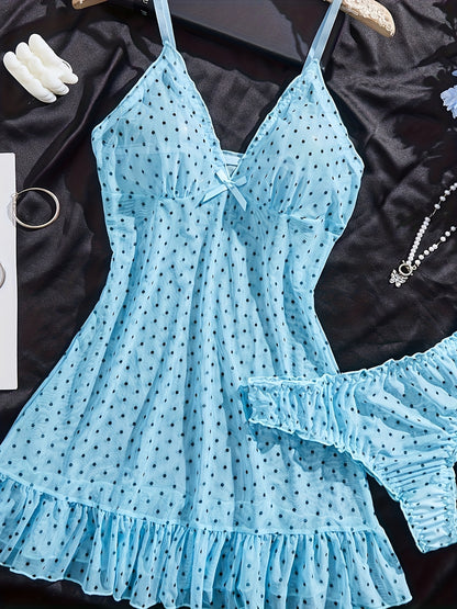 Plus Size Women's Blue Polka Dot Sheer Mesh Lingerie Dress Set, 2pcs Ruffled V-Neck Chemise Nightgown, Sexy Babydoll Sleepwear for Curvy Women