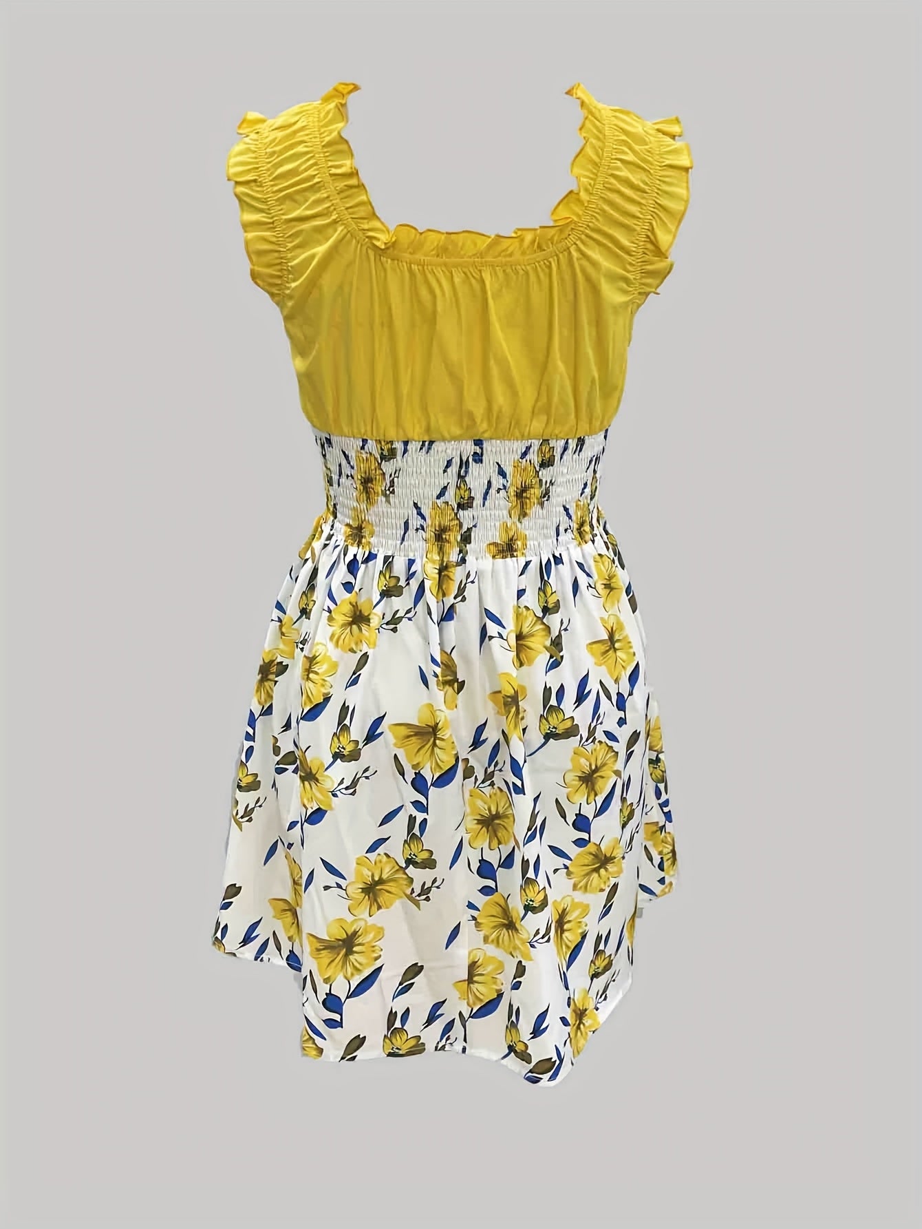 Attractive Honey-Themed Fashion, Charming Floral Mini Dress for Women, Featuring a Round Neckline And No Cuffs, Perfect for Summer Outings, Beach Days, Garden Dates, Anniversary Surprises, And As a Delightful Gift