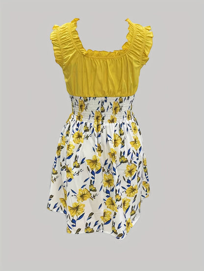 Attractive Honey-Themed Fashion, Charming Floral Mini Dress for Women, Featuring a Round Neckline And No Cuffs, Perfect for Summer Outings, Beach Days, Garden Dates, Anniversary Surprises, And As a Delightful Gift