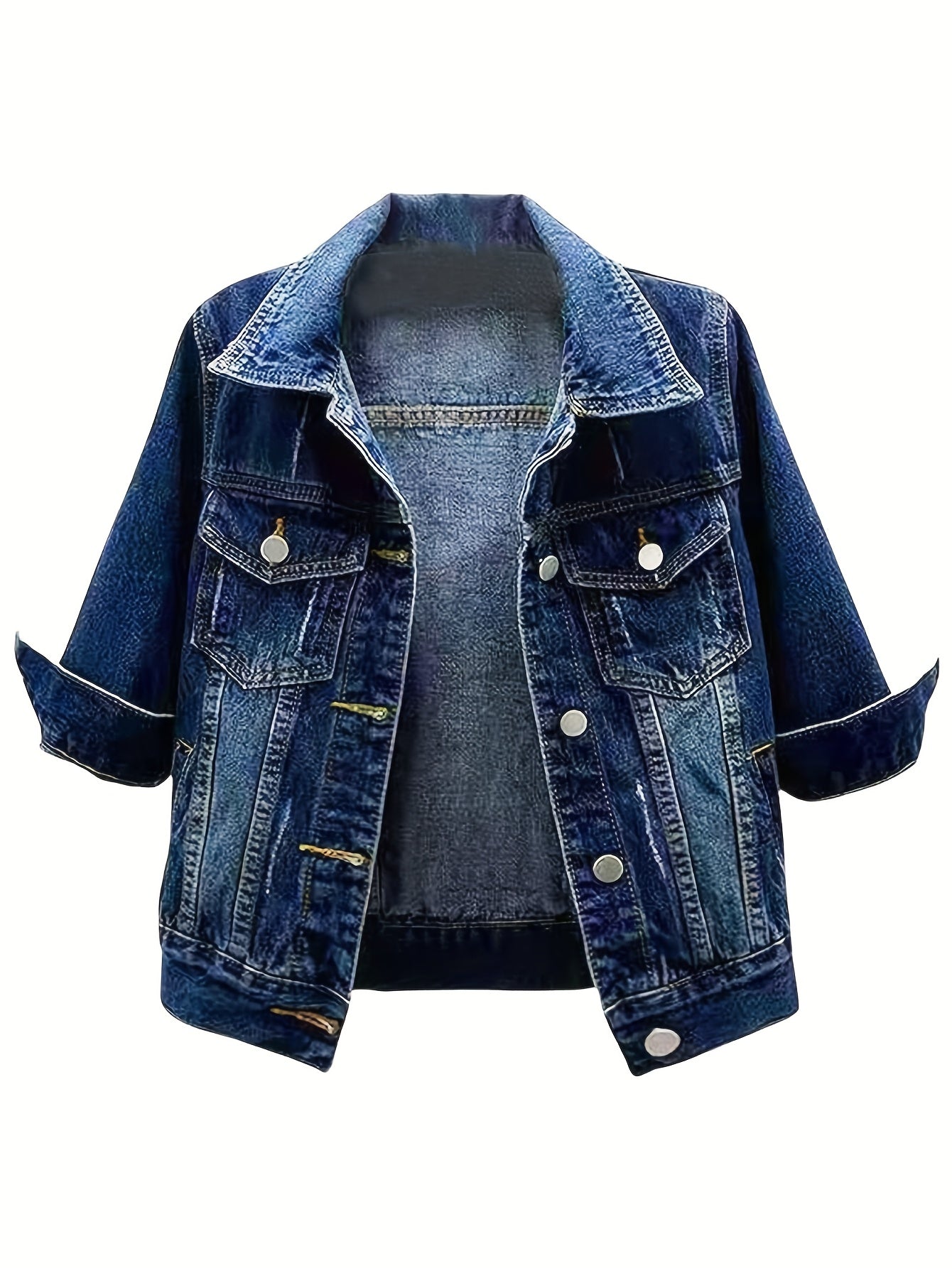 Ladies' Short Denim Jacket with a Slim Fit, Featuring 3/4 Sleeves And a Distressed Look