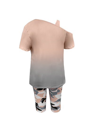 Plus Size - Ladies Fashion Daily Casual Suit, Diagonal Shoulder Camisole Gradient Letter Print Top + Camouflage Capri Pants Design.