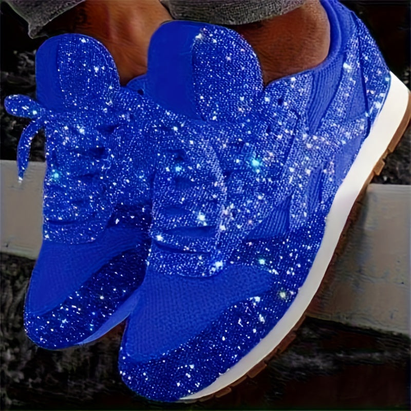 Women'S Slip-On Sneakers Glitter Pink with Sequin Decoration Casual Round Toe Lace-Up Shoes Thick Cushioning Sole PU Material Upper Four Seasons Comfortable Casual Wear Women'S Sneakers, Women Shoes