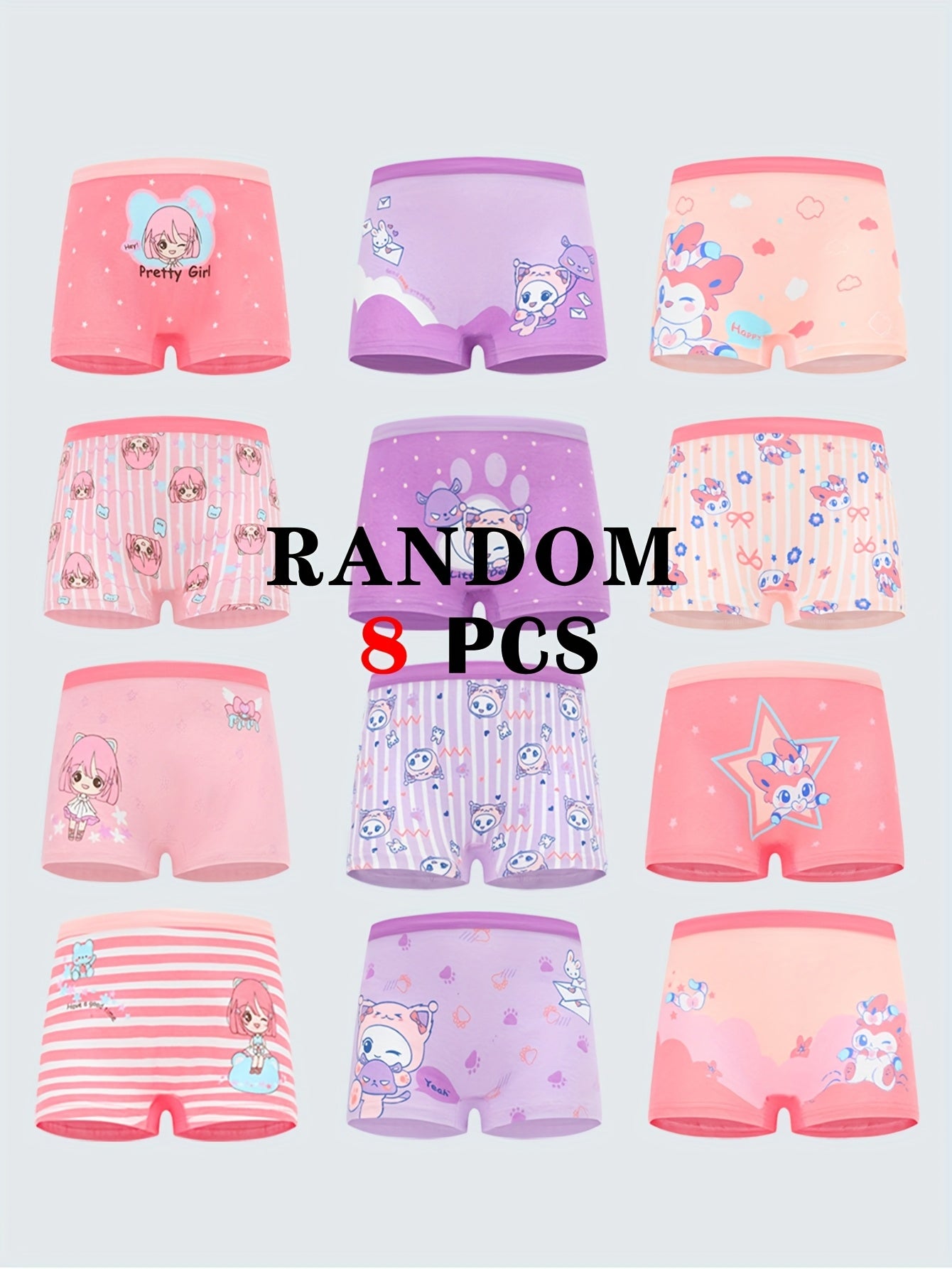 Random 8pcs Girls Cute Animal Print Boxers Underwear Cotton Comfortable Breathable Kids Girls Panty