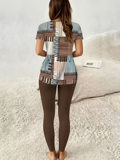 Women'S Casual Two-Piece Set: Short-Sleeved Top with Plaid Pattern And Printed Design, Round Neckline with Side Slits; Paired with Tight-Fitting Trousers, Making a Perfect Spring/Autumn Outfit