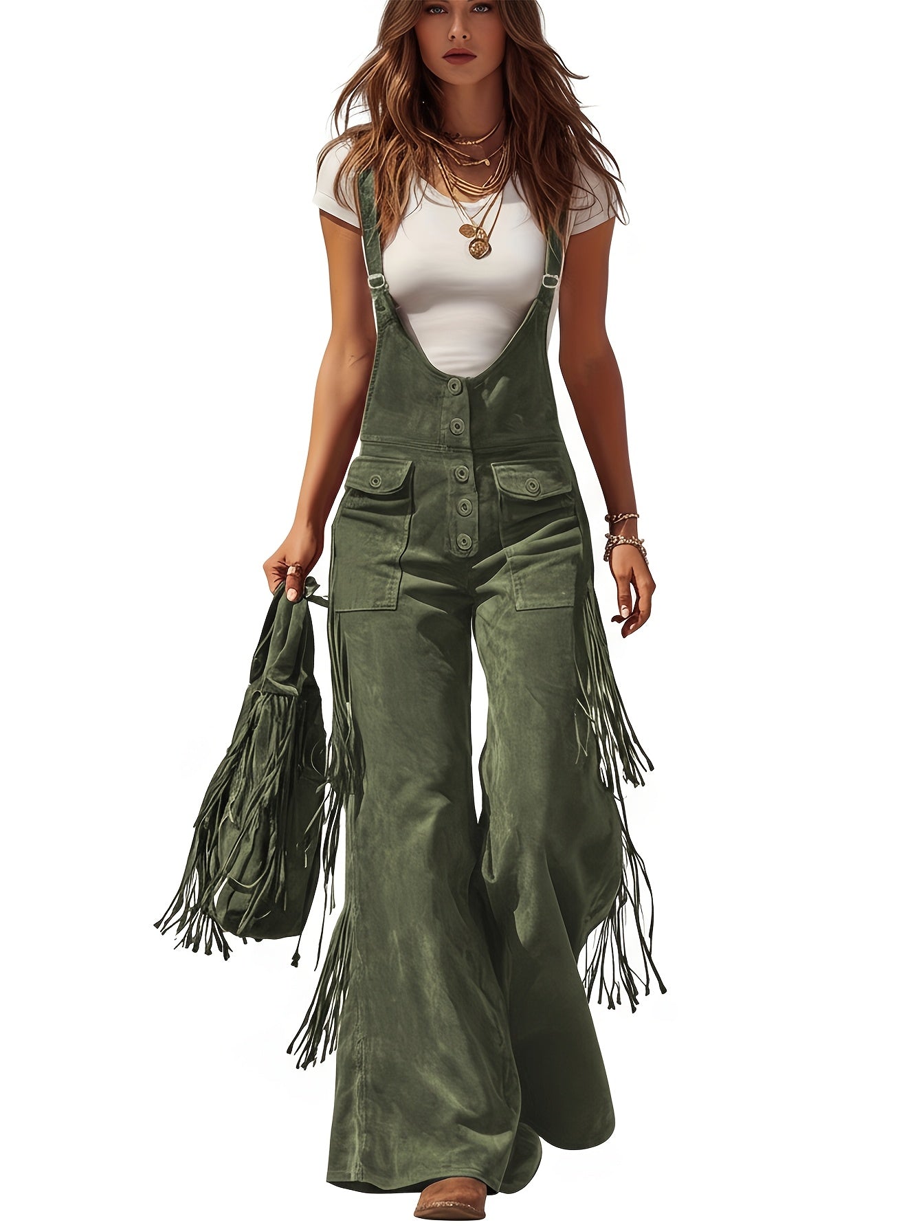 Vintage Fringe Detail Overalls, Loose Wide Leg Design, Fashion Youthful Casual Style, Daily Outing Travel Outfit, Versatile Multi-Occasion Wear