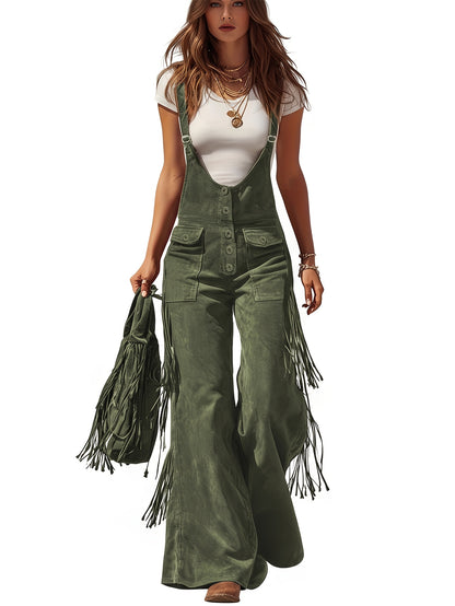 Vintage Fringe Detail Overalls, Loose Wide Leg Design, Fashion Youthful Casual Style, Daily Outing Travel Outfit, Versatile Multi-Occasion Wear