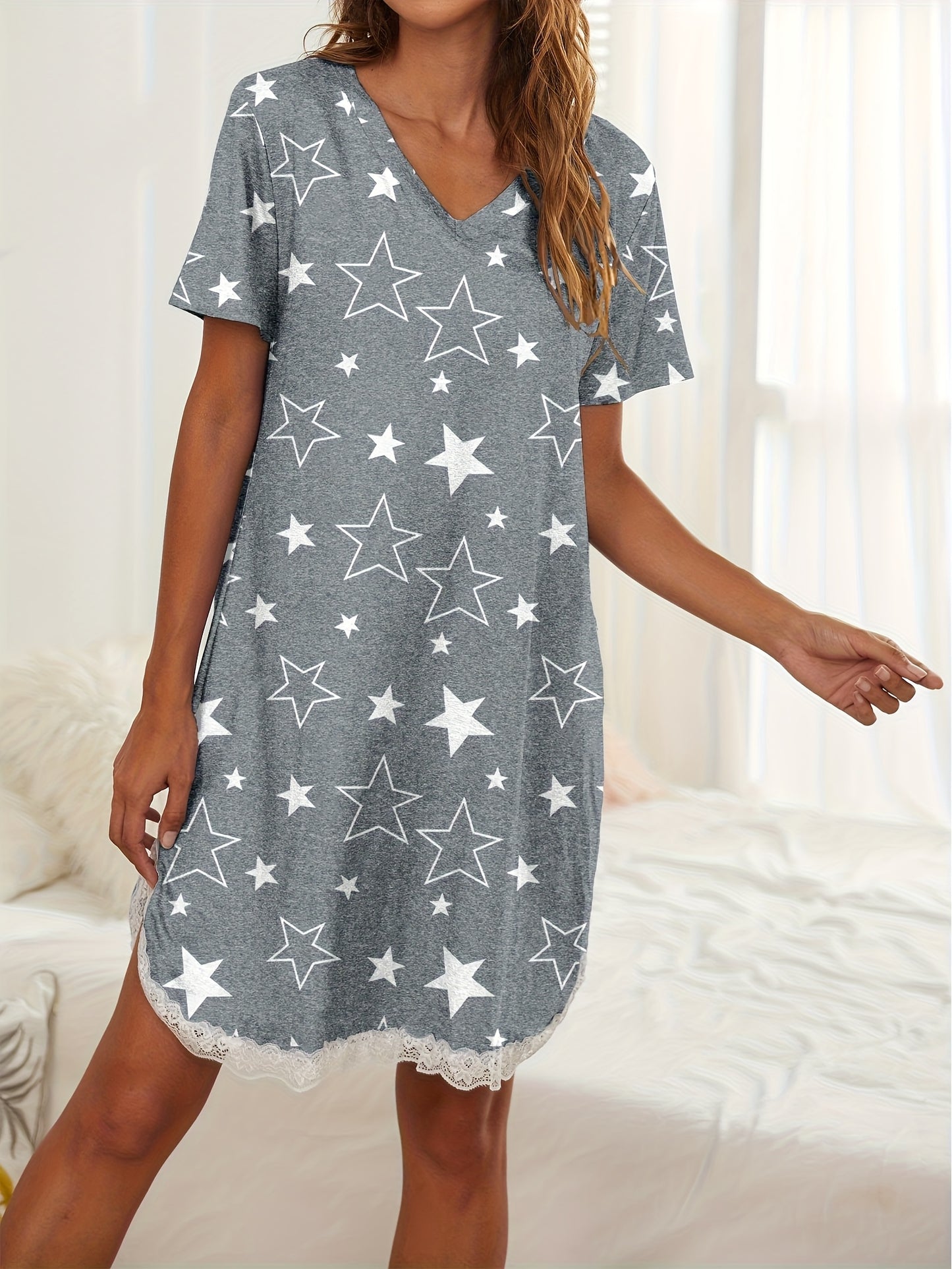 Gray V - Neck Short - Sleeve Star - Print Dress with Lace Trim: This Dress Features A Charming Star Pattern, A Flattering V - Neck, And Delicate Lace At The Hem. Perfect for A Cozy And Stylish Look.