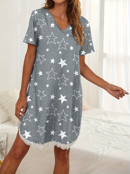 Gray V - Neck Short - Sleeve Star - Print Dress with Lace Trim: This Dress Features A Charming Star Pattern, A Flattering V - Neck, And Delicate Lace At The Hem. Perfect for A Cozy And Stylish Look.
