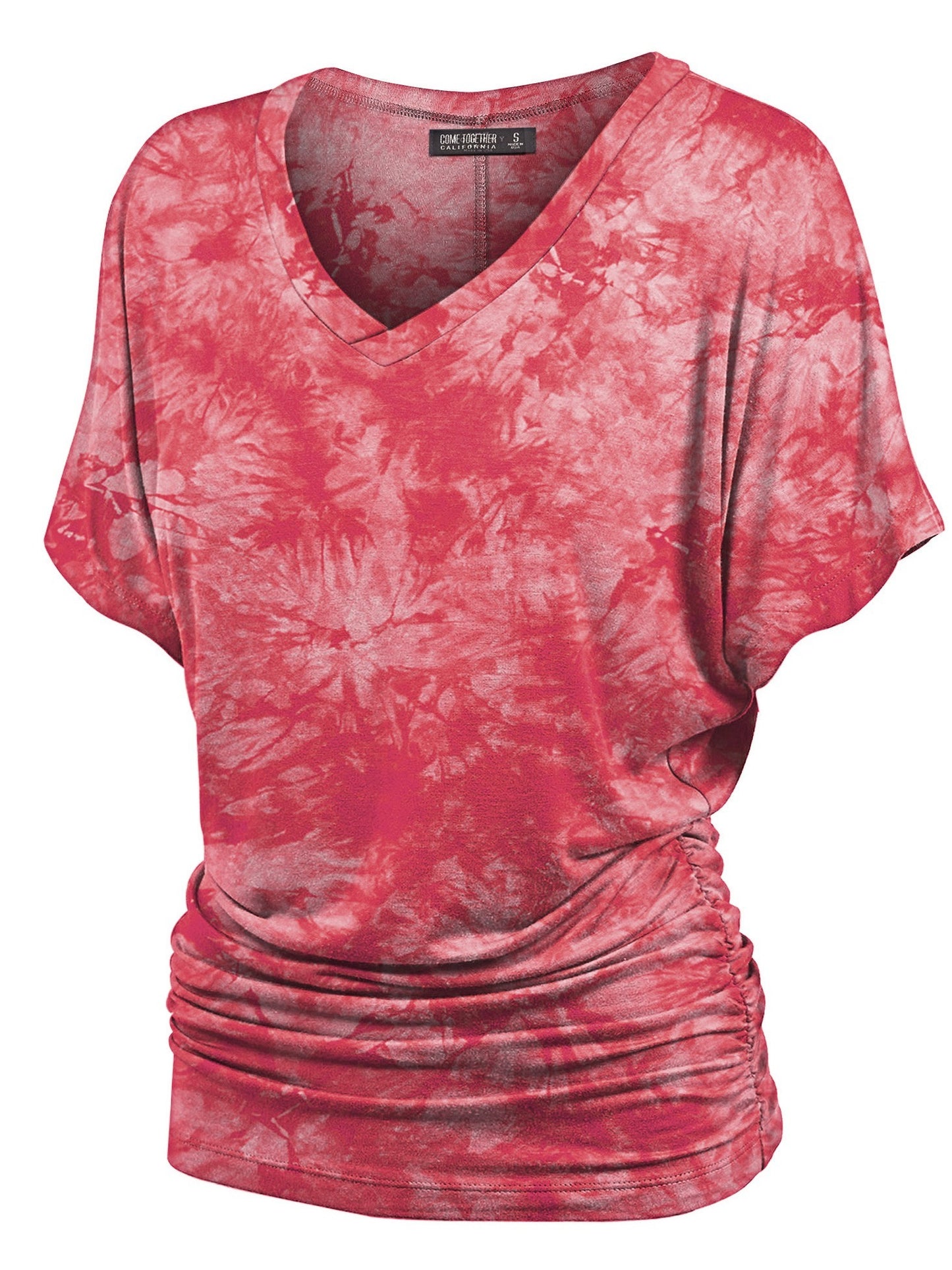 Women's Short Sleeve V Neck Tie-Dye Dolman Top w/Side Shirring