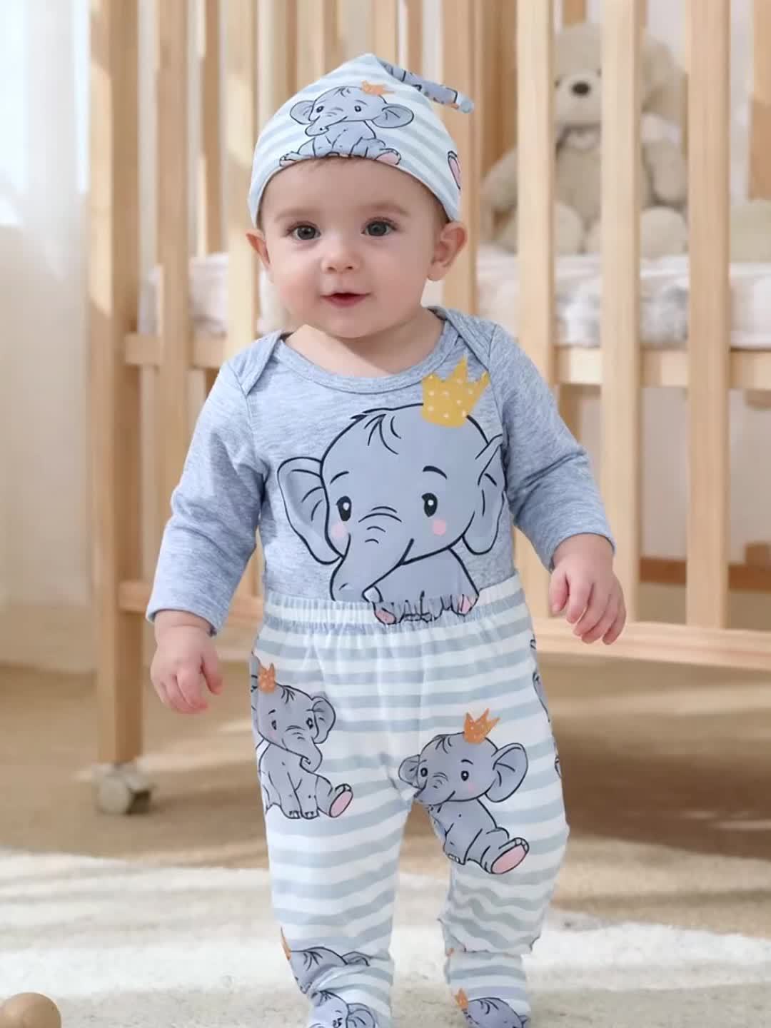 3pcs Baby Boy Newborn Spring And Autumn New Crown Cartoon Elephant with Shoulder Long Sleeved Jumpsuit&elastic Striped Cute Cartoon Elephant Full Print Panties&hat Set Suitable for Outdoor Clothing, Perfect for Outdoor