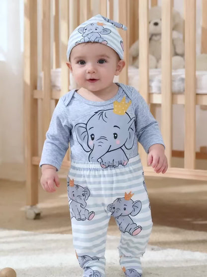 3pcs Baby Boy Newborn Spring And Autumn New Crown Cartoon Elephant with Shoulder Long Sleeved Jumpsuit&elastic Striped Cute Cartoon Elephant Full Print Panties&hat Set Suitable for Outdoor Clothing, Perfect for Outdoor