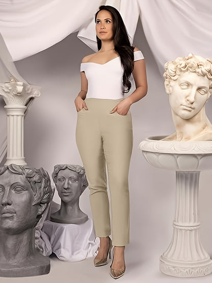 Slim Fit High-Waisted Pants for Women Featuring Five Pockets, Designed for Easy Pull-On Wear, Suitable for Work Or Casual Office Settings