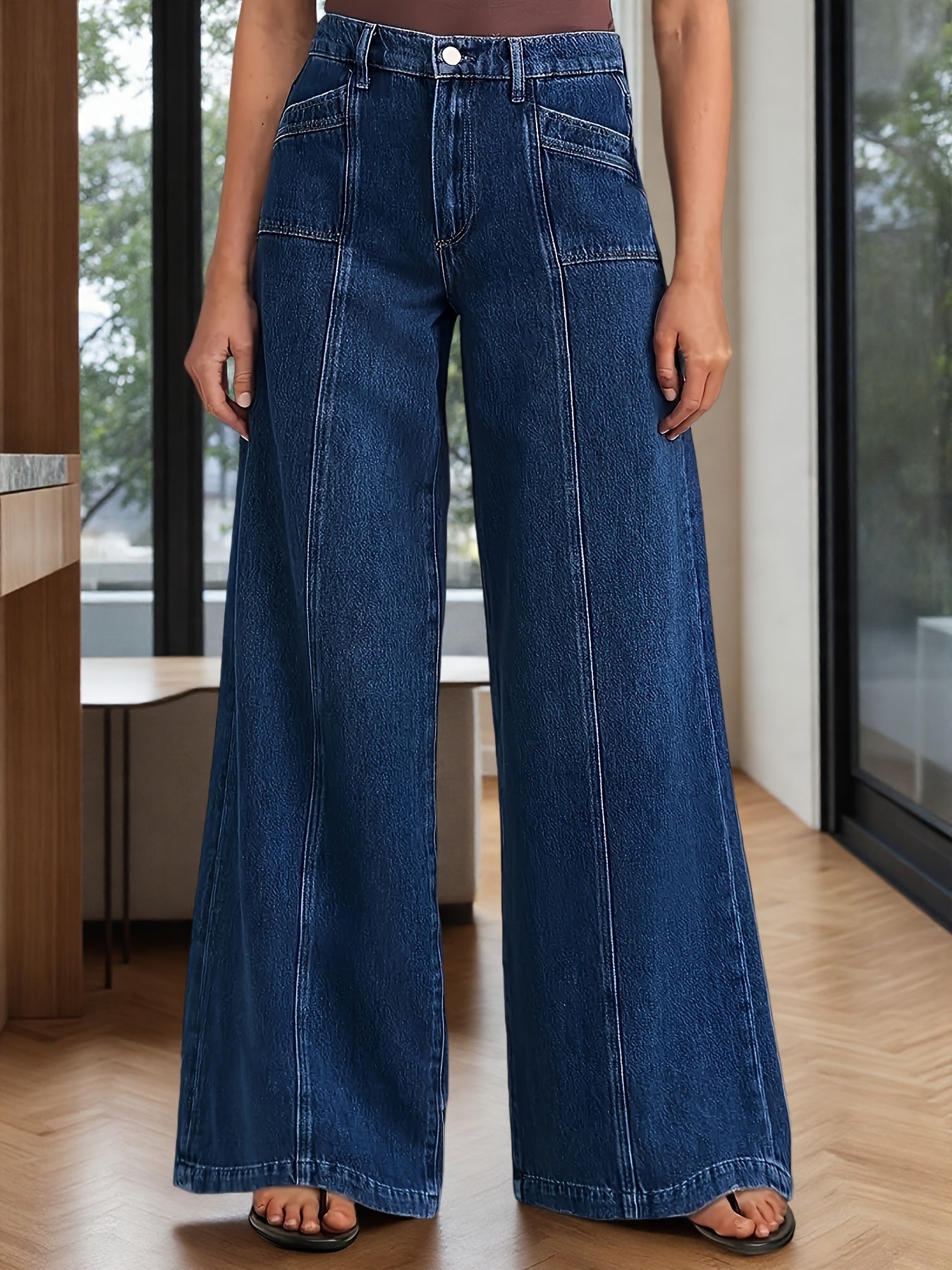 Women's High-Waisted Stretch Blue Jeans - Retro A-Line Bell-Bottoms with Elastic Waist & Button Closure, Slim-Fit Straight-Leg Mid-Rise Floor-Length Casual Pants for All Seasons