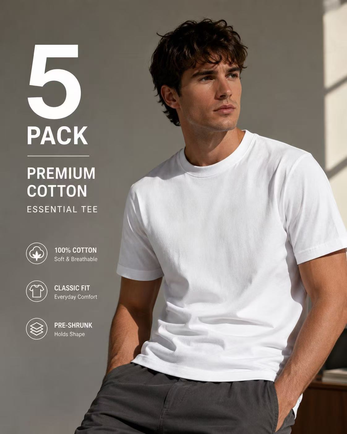 5 Pack Mens Cotton Crew Neck Regular T-Shirts Bulk Short Sleeve Lightweight Tees White Colors