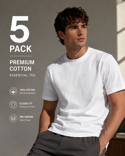 5 Pack Mens Cotton Crew Neck Regular T-Shirts Bulk Short Sleeve Lightweight Tees White Colors