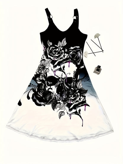 Women's Clothing - Skull Flower Printed Dress V Neck Sleeveless Dress - Polyester - For Casual Wear - Perfect Gift for Fashionable Women
