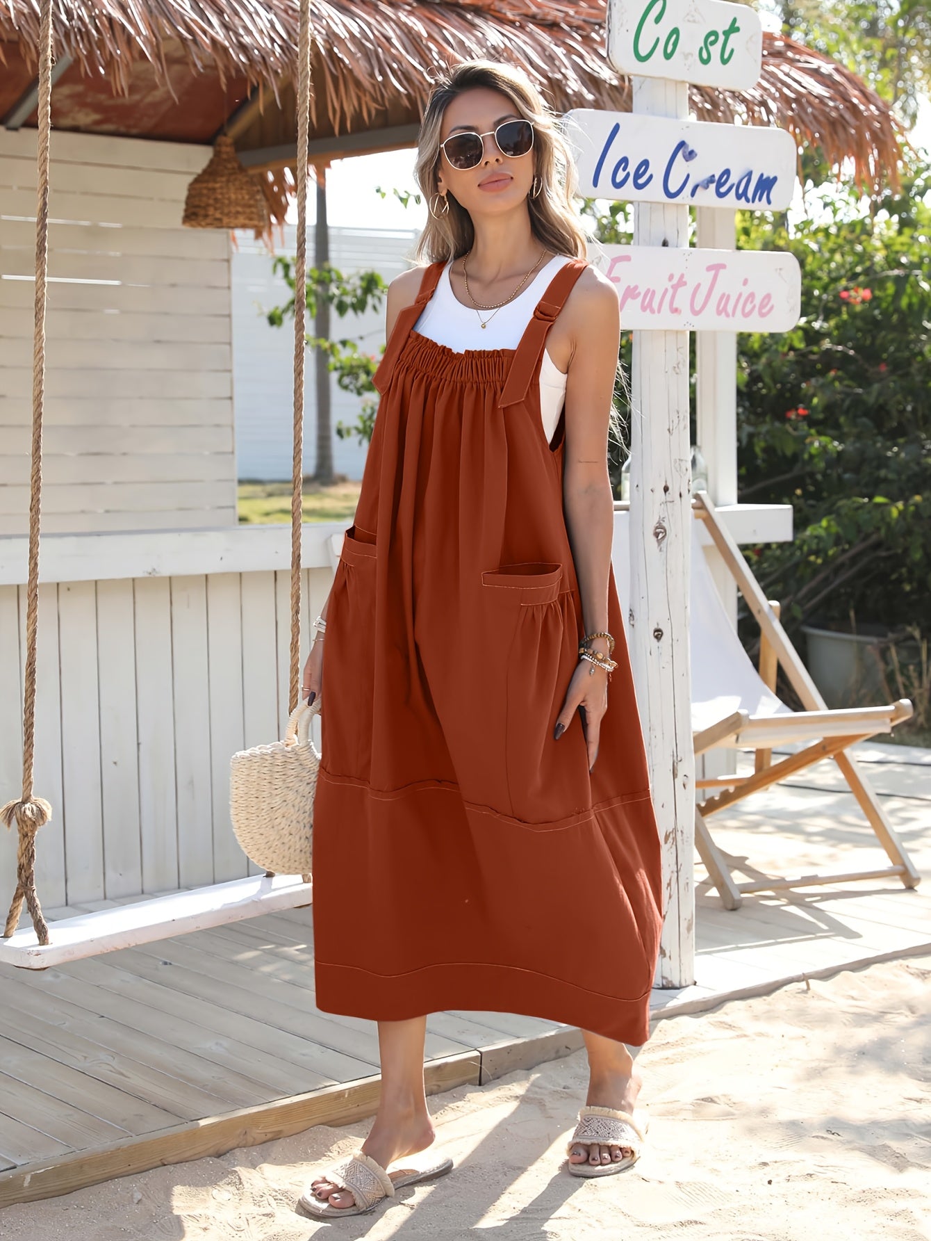 [Loose Midi Dress] Women's Loose Adjustable Strap Midi Overall Dress with Big Pockets in Workwear Style
