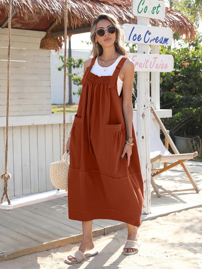 [Loose Midi Dress] Women's Loose Adjustable Strap Midi Overall Dress with Big Pockets in Workwear Style
