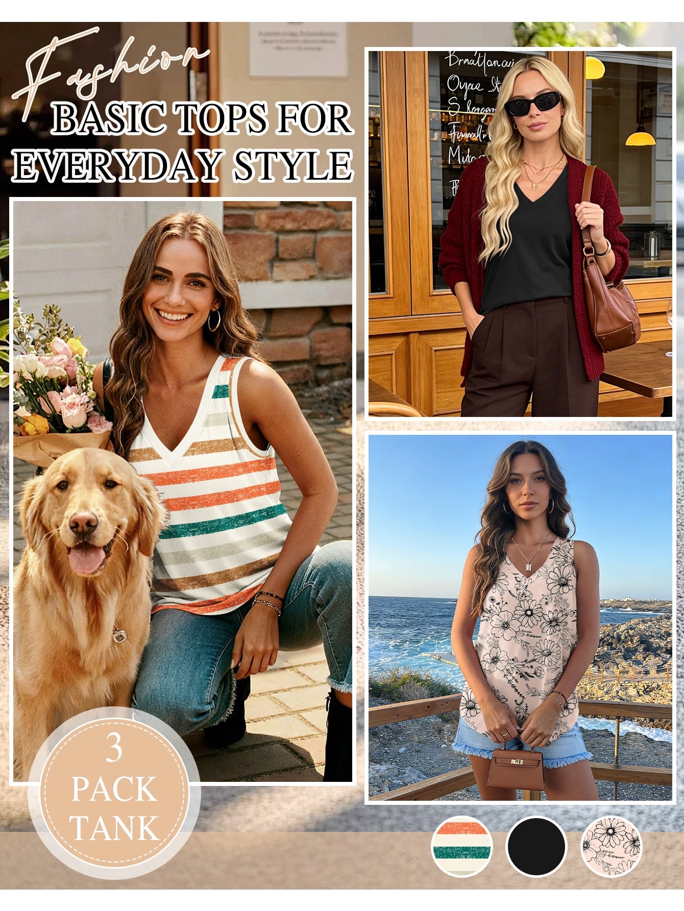 [3 Pack Tank Tops] 3 Pack Womens Tank Tops 2026 Spring Summer Vacation Outfits V Neck Loose Sleeveless Blouse Casual Shirts Fashion Clothes