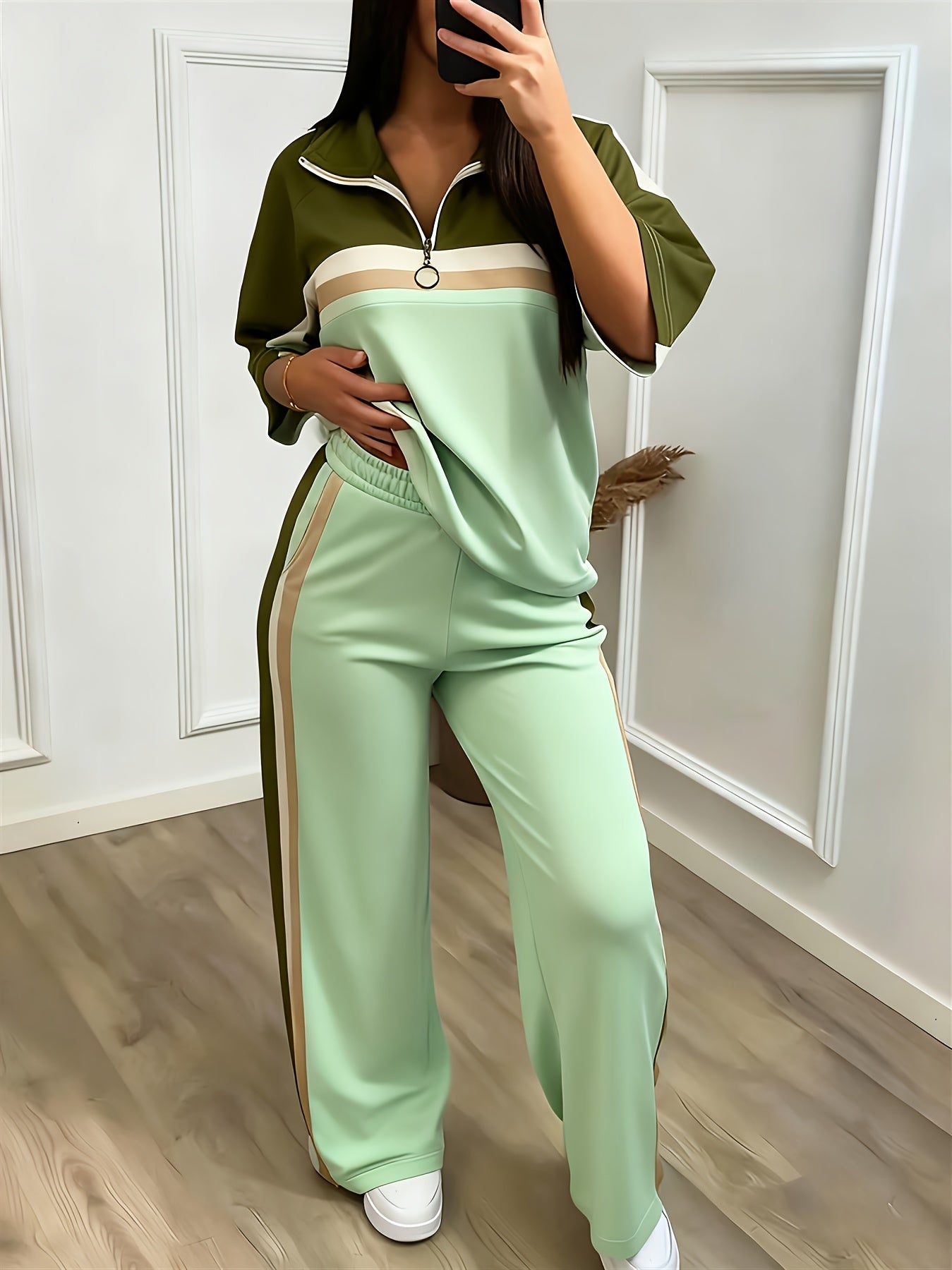 Women'S Casual Sporty Color-blocked Half-zip Stand-up Collar Mid-sleeve Sports Top + High-waisted Wide-leg Side Striped Sports Pants
